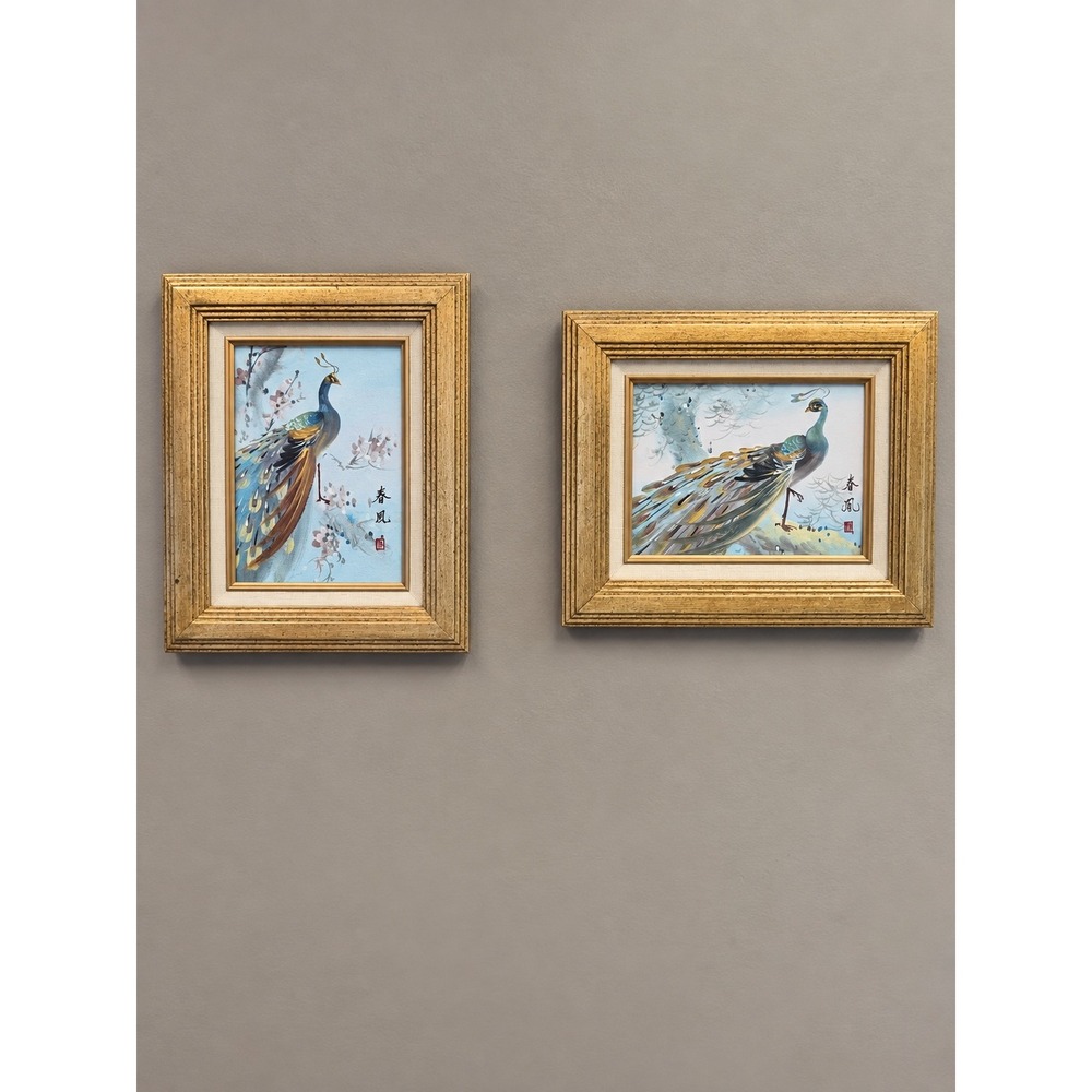 Vintage Signed Peacock Oil Paintings Pair Gold Gilt Frames Art Affaire 1989